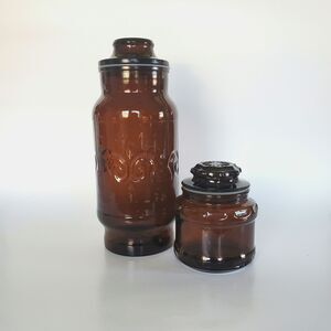 2 Vtg Borden Cremora Brown Apothecary Glass Jar Canisters Kitchen Bath 70s Decor